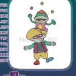 Joyful frog and bespectacled child juggling colorful balls embroidery designs - Instant Download