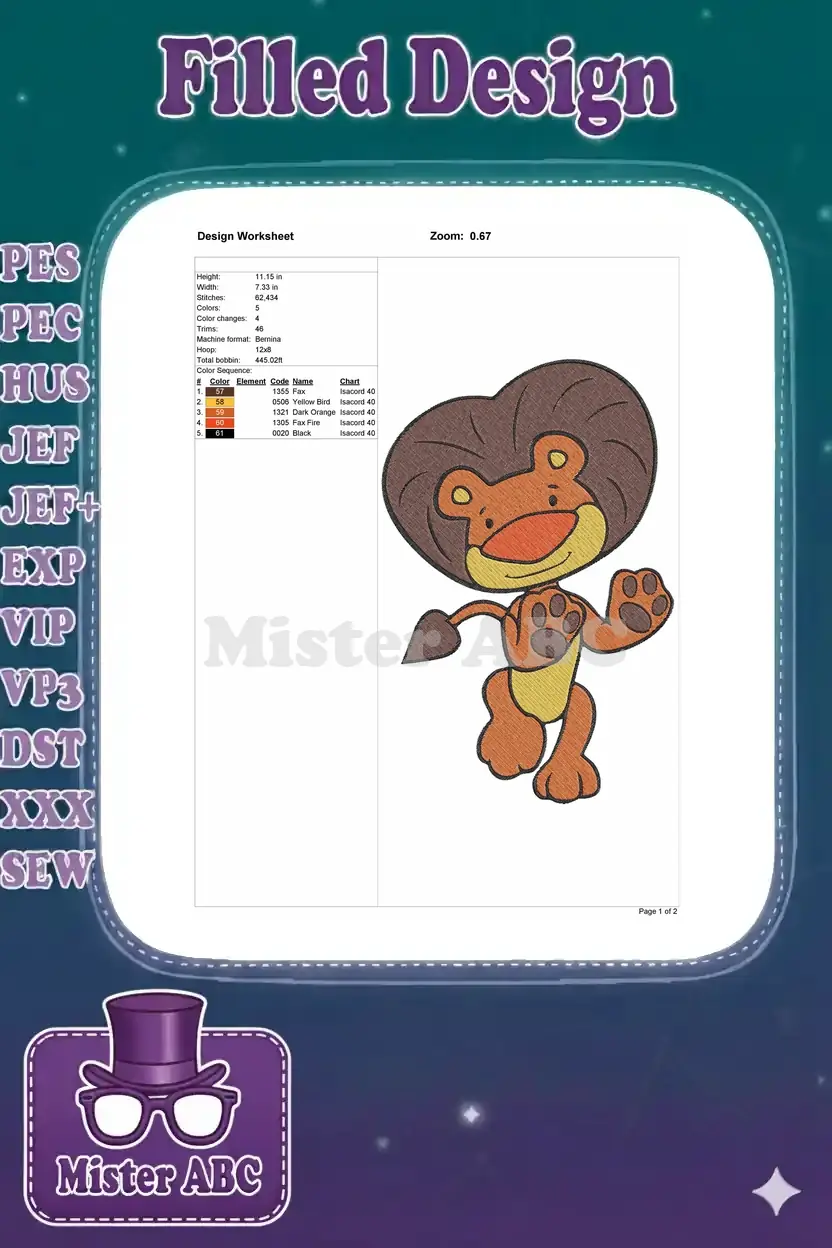 Embroidery design worksheet for the cartoon lion, detailing dimensions, stitch count, and color sequence.