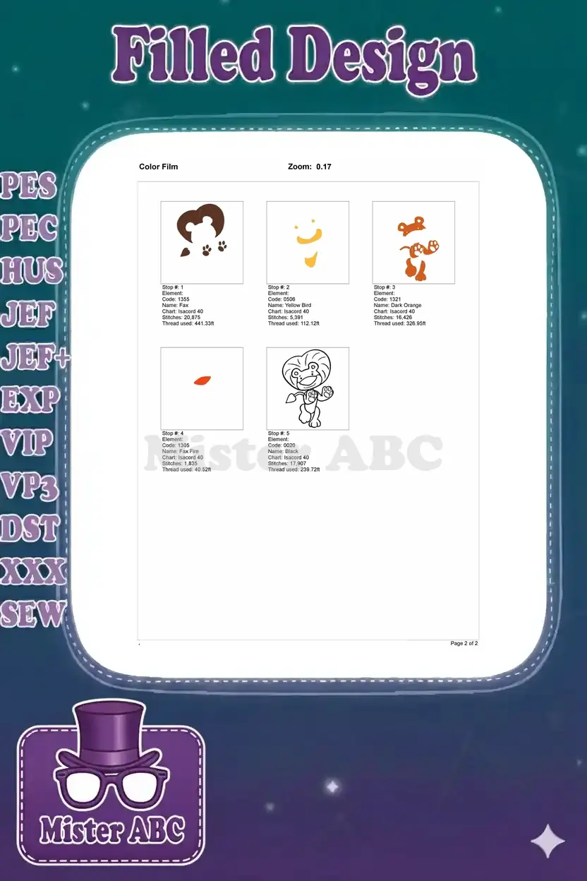 Color film breakdown illustrating each stitch stop and color layer of the cartoon lion embroidery design.