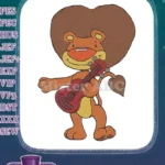 Smiling cartoon lion playing red ukulele musical embroidery designs - Instant Download