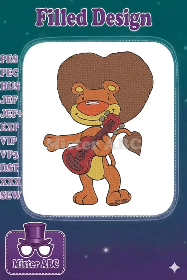 Cute cartoon lion embroidery design playing a red guitar, with a distinctive heart-shaped brown mane.