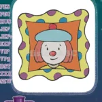 Happy Clown Face Blue Beret Polka Dot Border Embroidery Designs - Instant Download