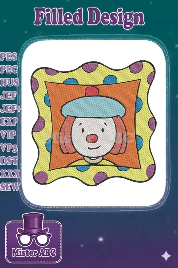 A vibrant machine embroidery design featuring a cheerful cartoon clown face with a blue beret and red nose.
