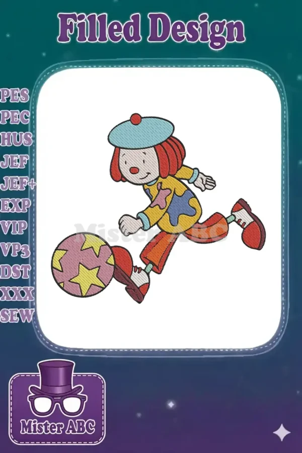 Vibrant embroidery of a cheerful boy in a blue beret, red hair, and colorful clothes, kicking a star ball.