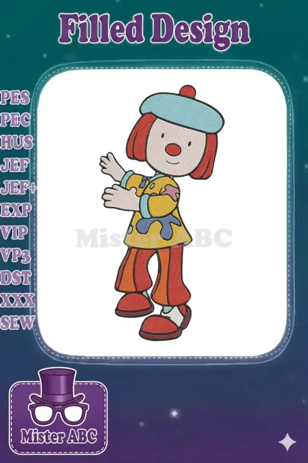 Full view of a cheerful, colorful clown character embroidery design with red hair, blue beret, and vibrant clothes.