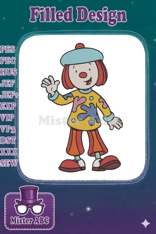 Cheerful cartoon character embroidery: red nose, blue beret, vibrant shirt, striped pants. Waving, perfect for children's designs.