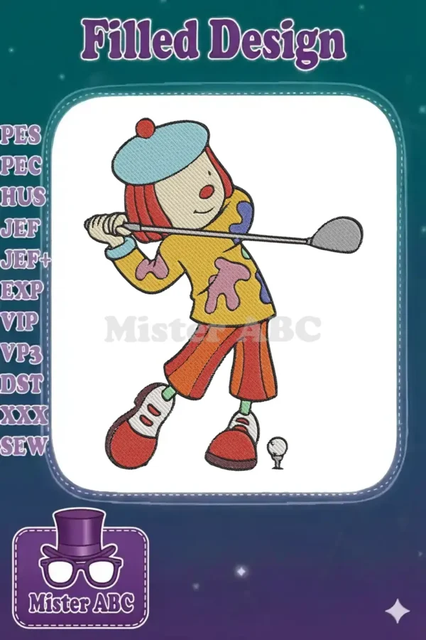 A cheerful, colorful clown character with a beret, swinging a golf club, depicted in a detailed embroidery design.