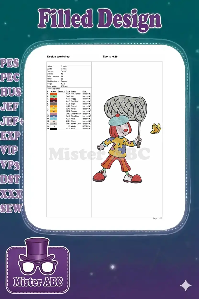 Embroidery design worksheet detailing dimensions, stitch count, 15 colors, hoop size, and a thread color chart.
