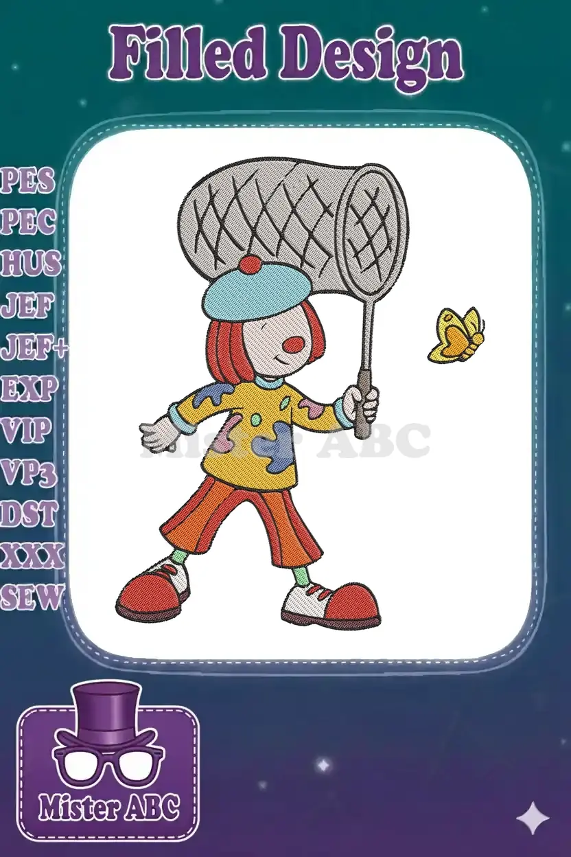 Vibrant embroidery of a cheerful child with red hair and a blue beret, holding a net, chasing a yellow butterfly.