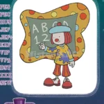 Playful clown character writing ABC 123 on blackboard embroidery designs - Instant Download