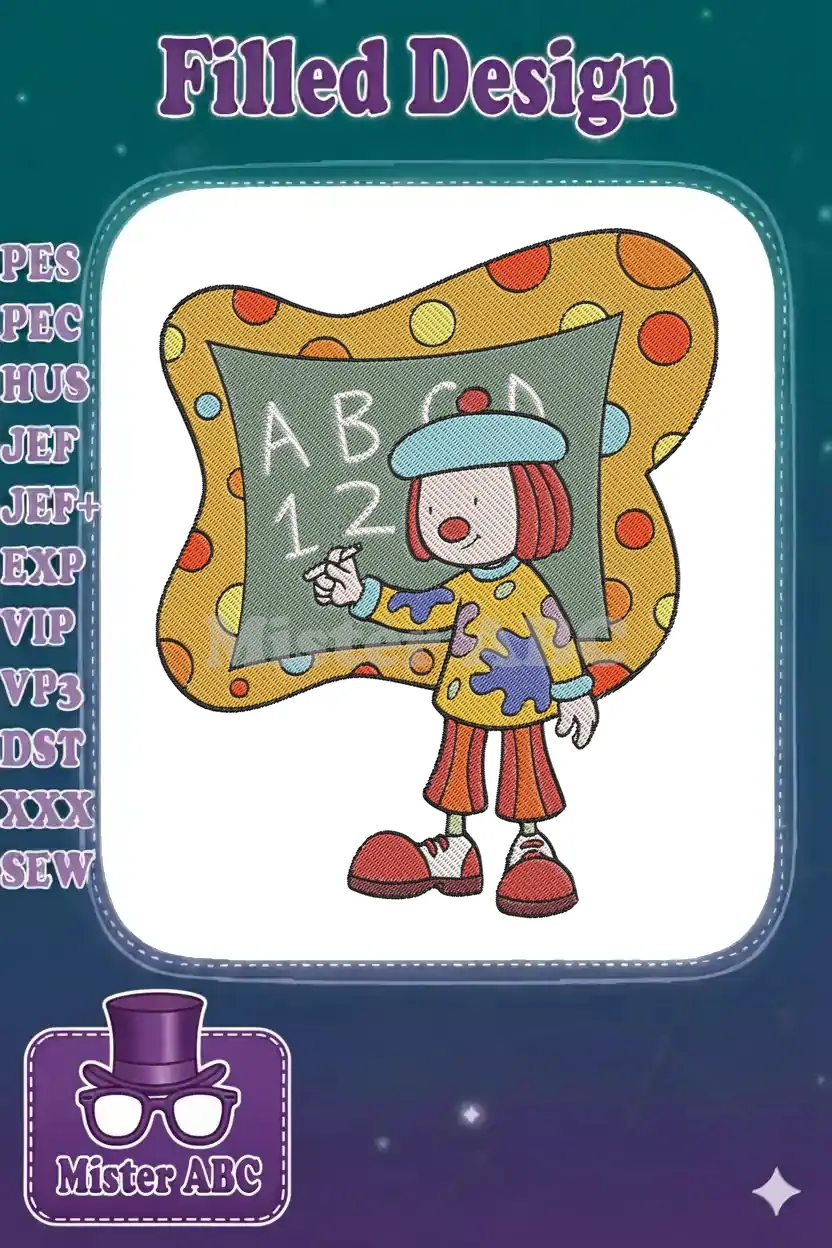 A cheerful embroidered clown writing 'ABC 123' on a colorful, polka-dotted blackboard, radiating playful learning.