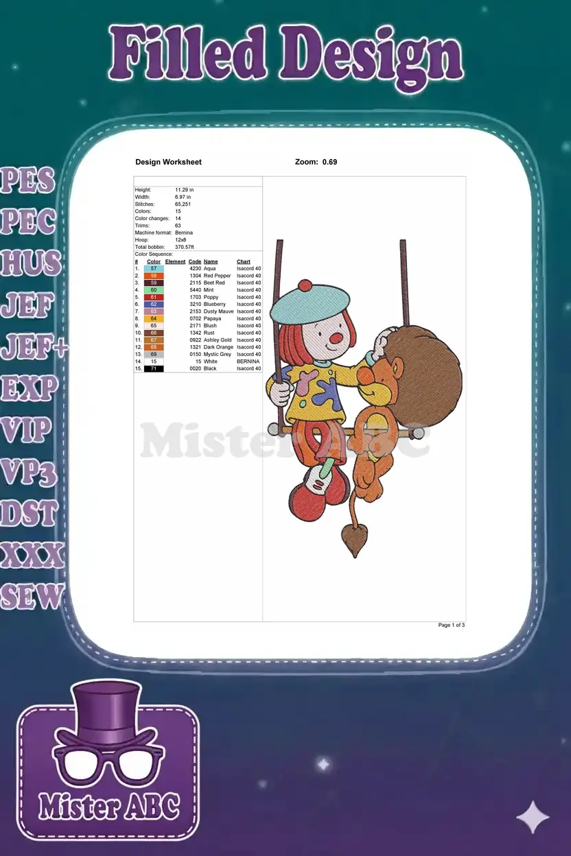 Detailed embroidery design worksheet for Pipo and Lion, showing dimensions, stitch count, and color chart.