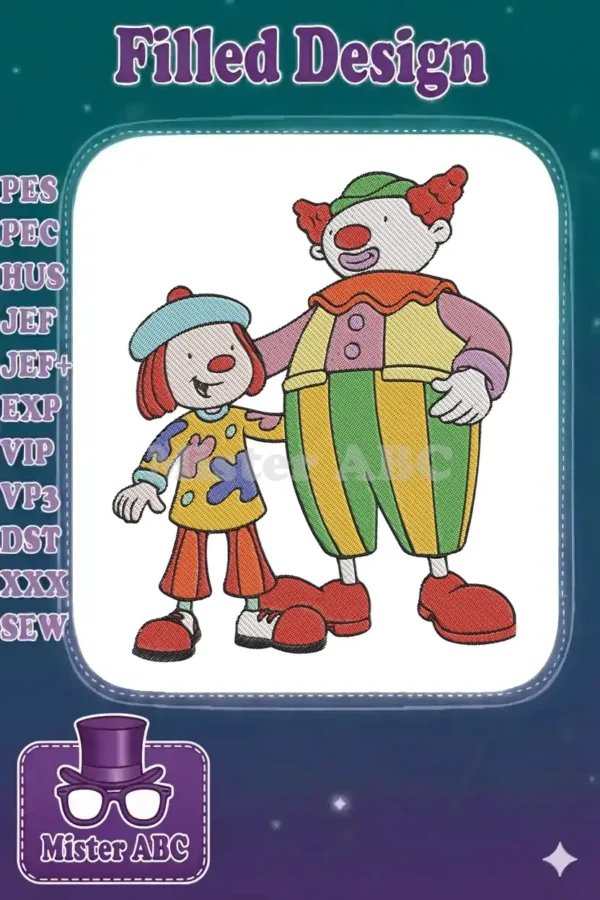 Vibrant embroidery featuring a joyful girl with red braids and a colorful clown, standing together. Perfect for kids' items.