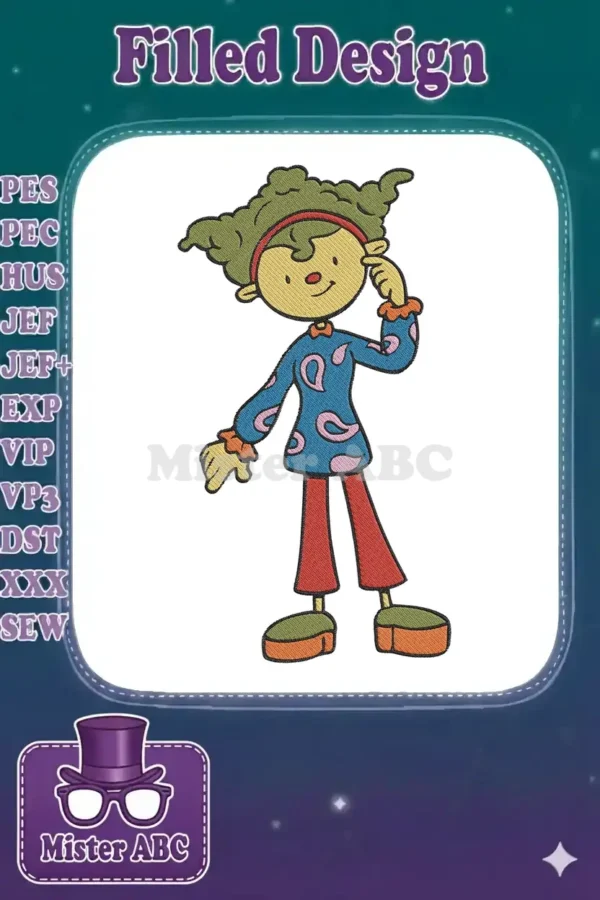 Full-body embroidery design of Patti Mayonnaise from Doug, featuring green hair, blue shirt, and red pants.