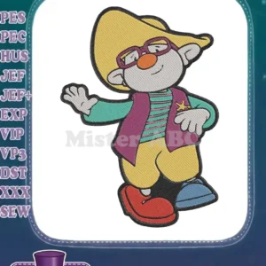 A cheerful, brightly colored embroidery design of a cartoon character wearing a yellow hat, purple glasses, and a star badge.