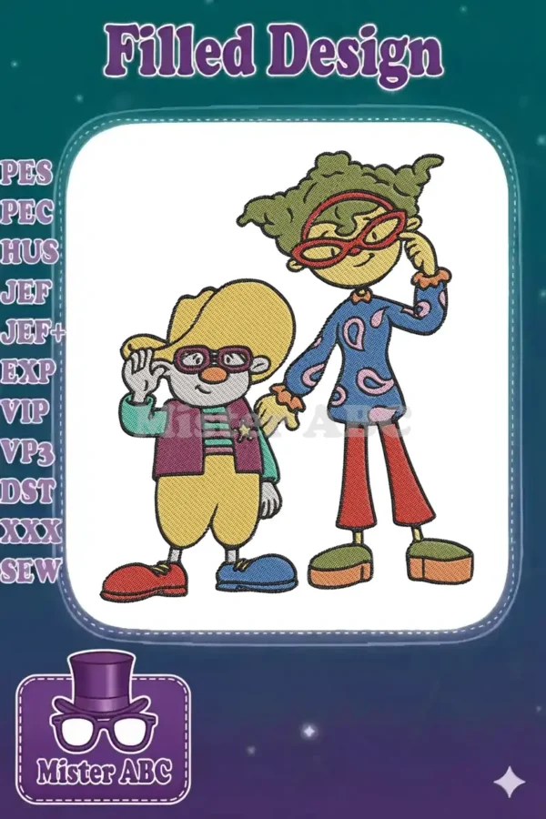 Vibrant, full-color embroidery design featuring two distinct cartoon characters, one tall with green hair, one shorter with a yellow hat.