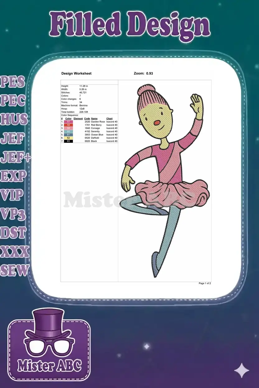 An embroidery design worksheet showing Patti Mayonnaise ballerina, detailing dimensions, stitch count, and color sequence.
