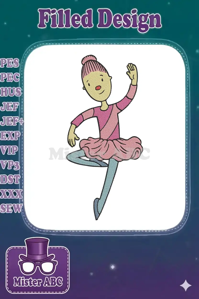 A vibrant embroidery design of Patti Mayonnaise from Doug, gracefully posed as a ballerina in pink and blue attire.