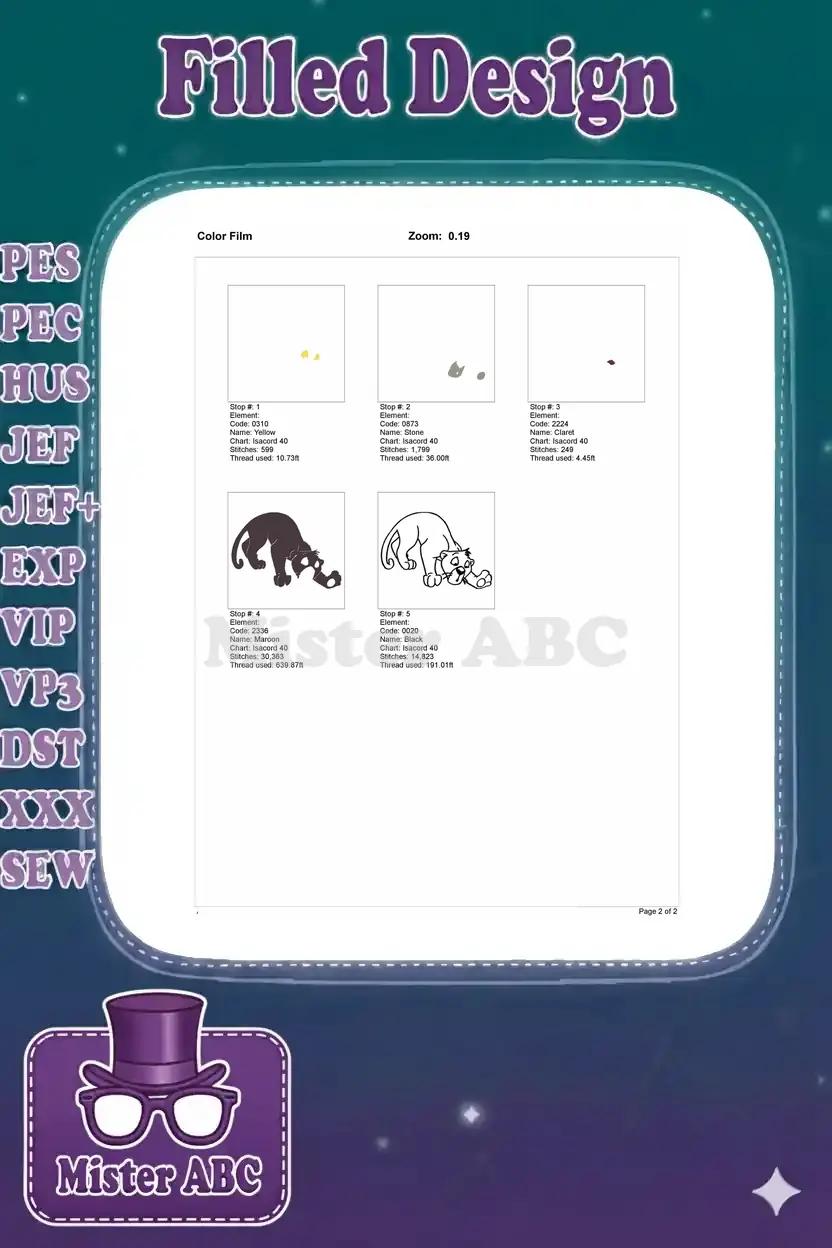 Color film breakdown for the Bagheera embroidery, illustrating the stitch order for each color element.