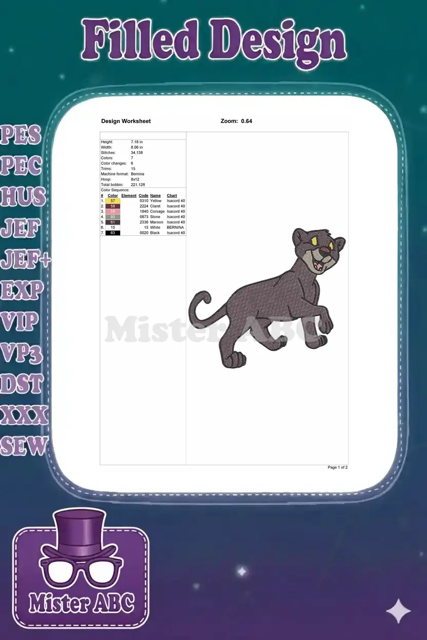 Design worksheet displaying key embroidery specifications, dimensions, stitch count, and thread colors.