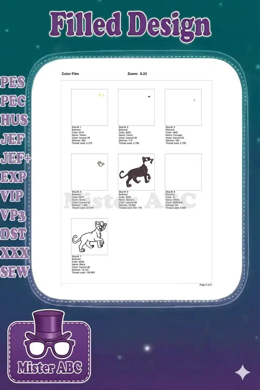 Color film breakdown illustrating each stitching step and thread color application for the design.