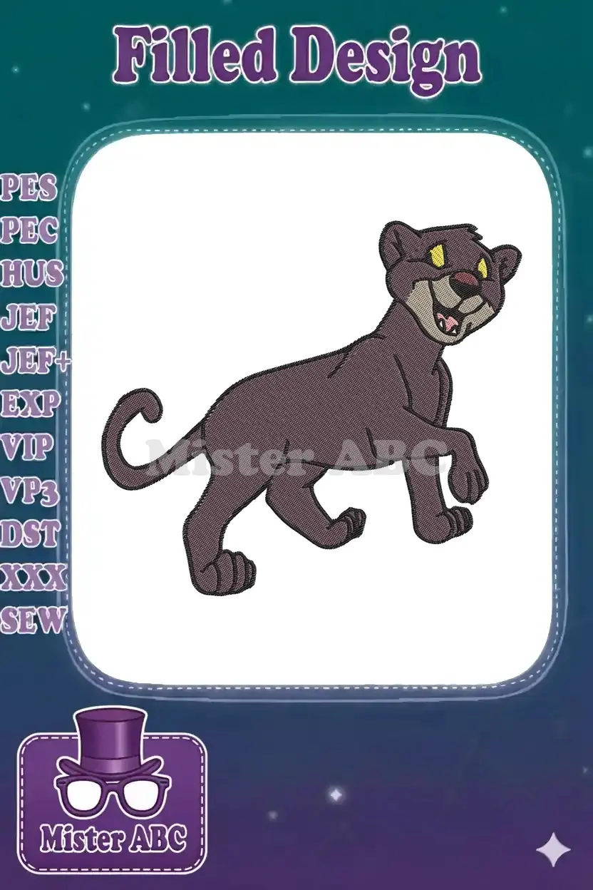 A delightful embroidery design of a playful black panther, perfect for adding character to any garment or item.