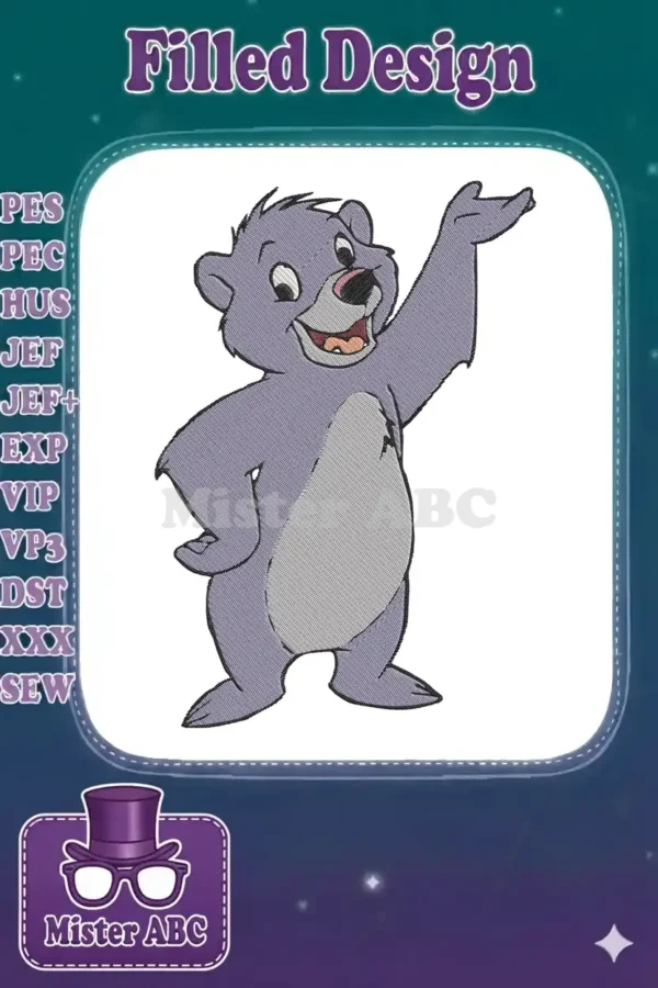 Vibrant embroidered design of a cheerful, young Baloo from The Jungle Book, arm raised, ready for adventure.