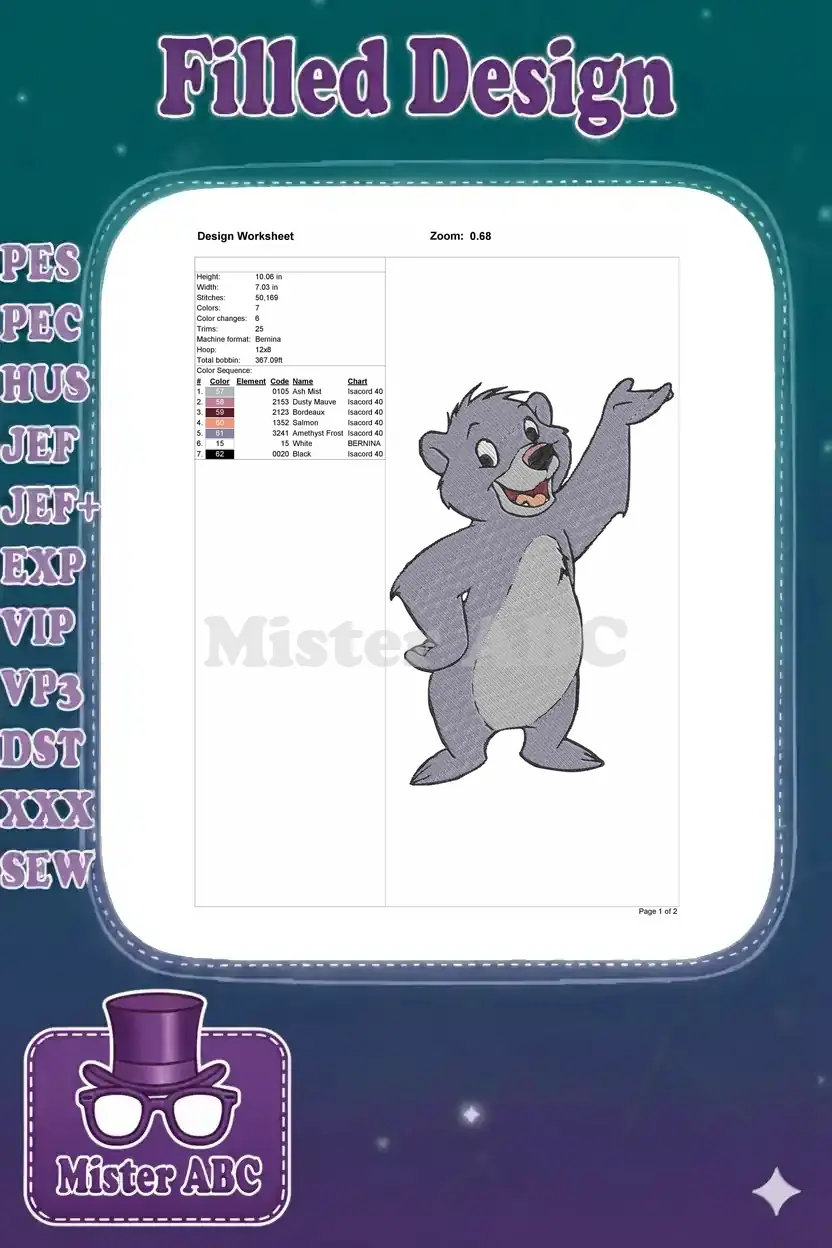 Detailed embroidery design worksheet showing Baloo's specifications, including stitch count, colors, and thread details.