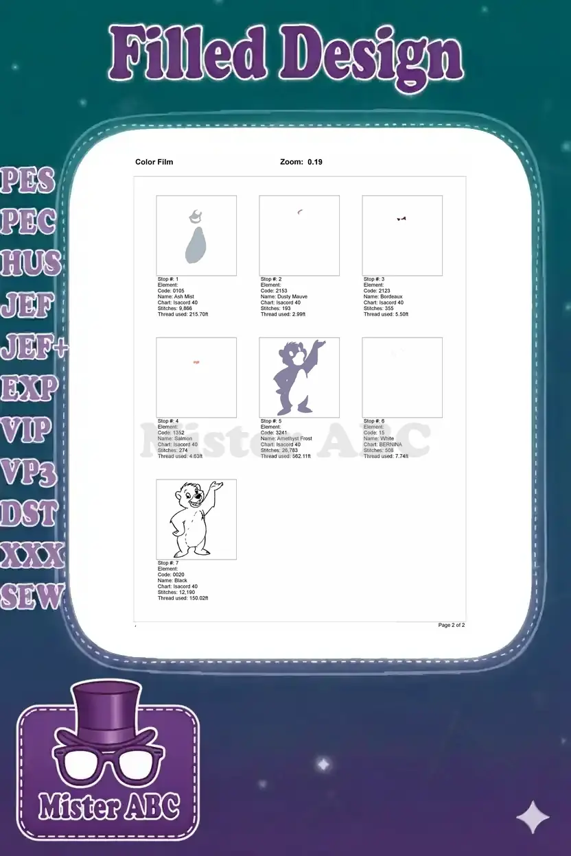 Color film breakdown of the Baloo embroidery design, illustrating each thread color sequence and stitch area.