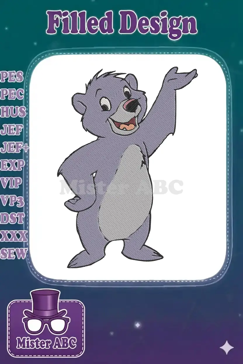 Vibrant embroidered design of a cheerful, young Baloo from The Jungle Book, arm raised, ready for adventure.
