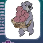 Grey-purple cartoon bear holding berry basket embroidery designs - Instant Download