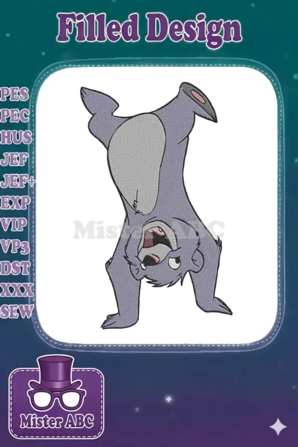 Baloo the Bear embroidery design in a playful handstand pose, mouth open, on a white background.