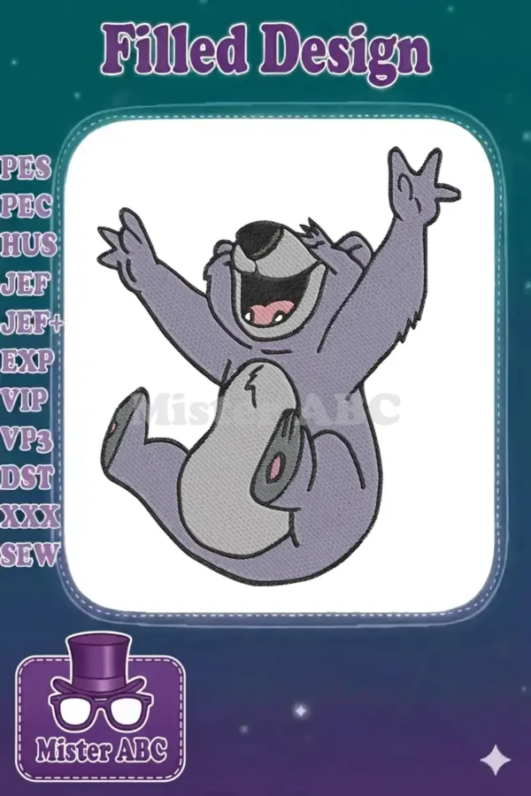 Vibrant embroidery design of Baloo the bear from Disney's Jungle Book, arms raised in joyful celebration.