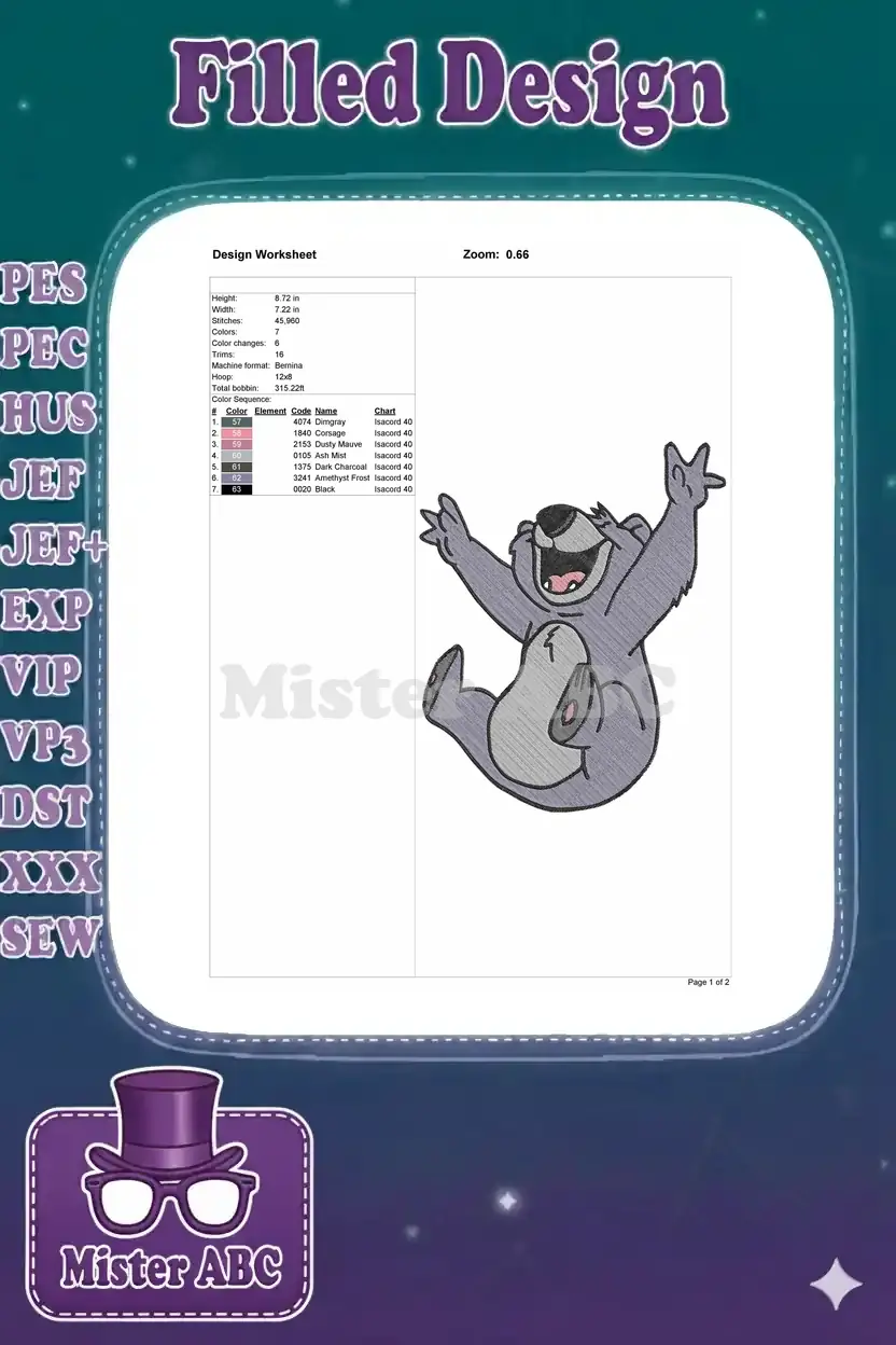 Detailed design worksheet for the Baloo embroidery, showing dimensions, stitch count, and color sequence.