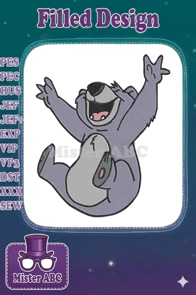 Vibrant embroidery design of Baloo the bear from Disney's Jungle Book, arms raised in joyful celebration.