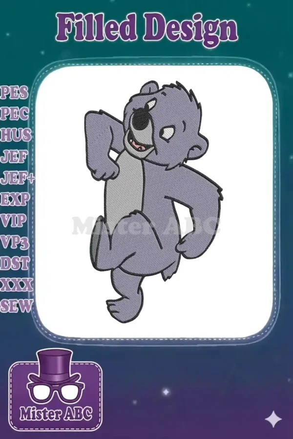A vibrant embroidery design featuring a dancing purple-grey bear, detailed with playful expression and smooth stitches.