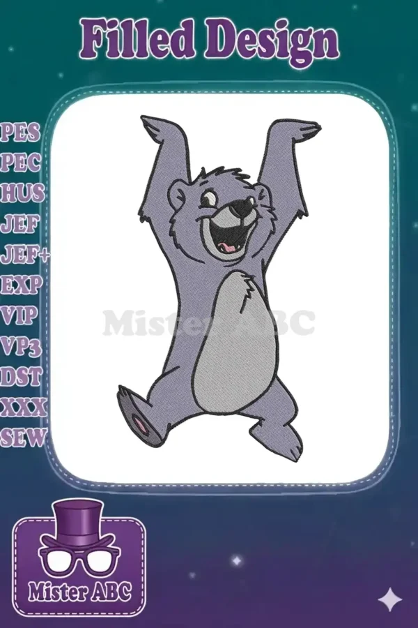 A vibrant Baloo cub embroidery design, featuring the cheerful bear with arms raised in a joyful, laughing pose.