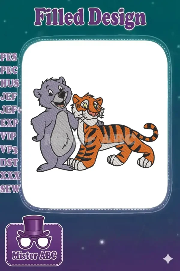 Adorable Baloo the bear and a playful tiger cub embroidery design, perfect for children's apparel and accessories.