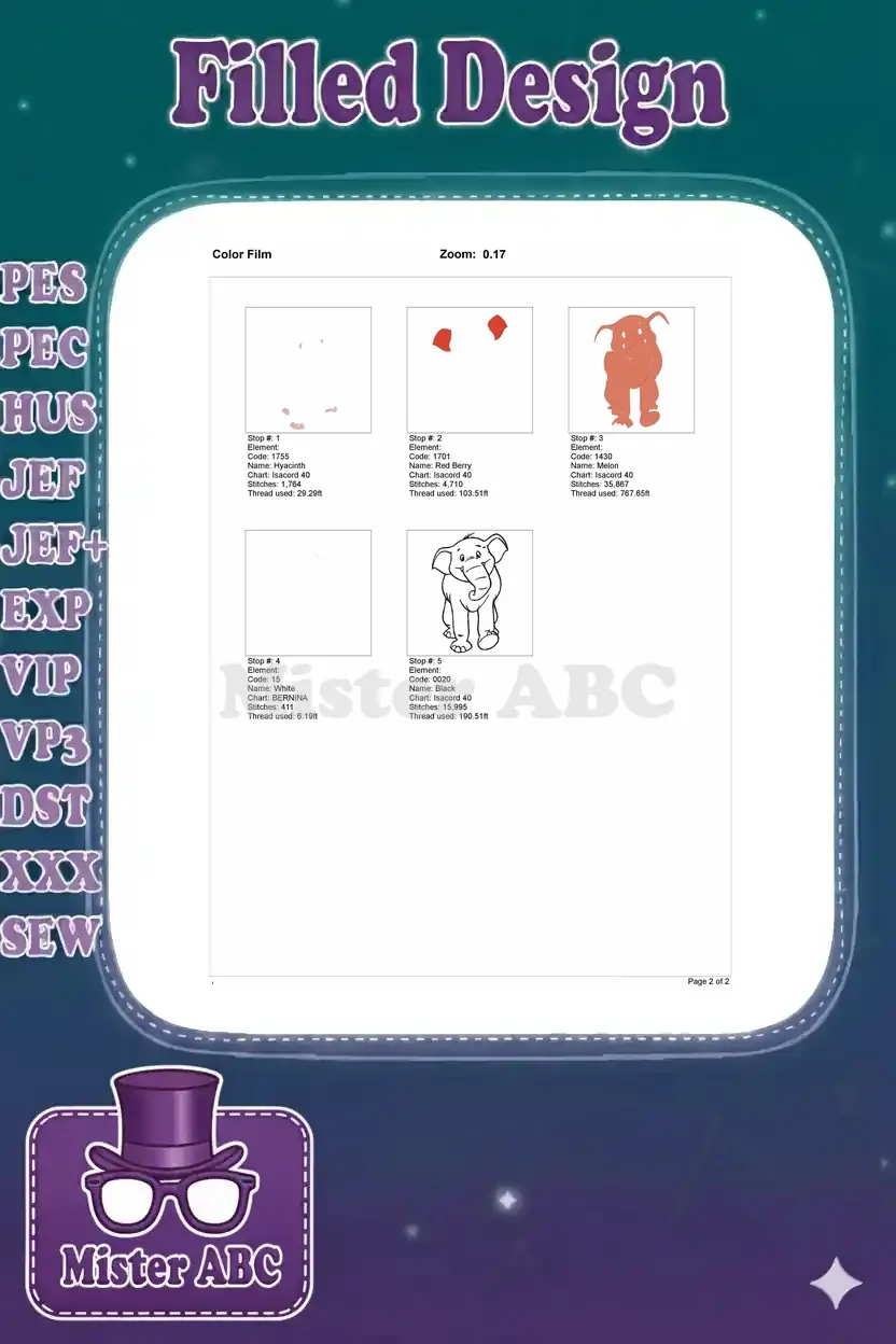 An embroidery color film demonstrating the stitch-out sequence for each color layer of the cartoon elephant design.