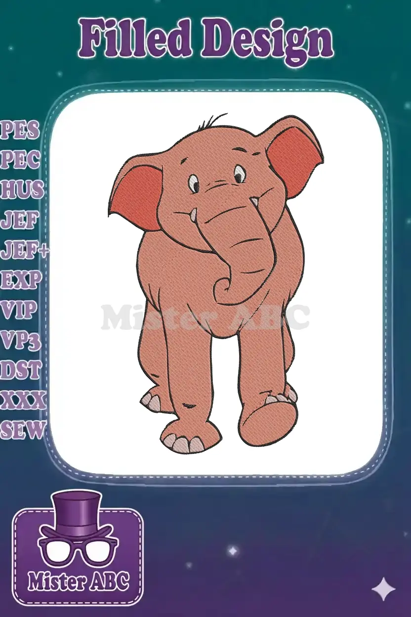 A full-body, front-facing digital embroidery design of a cute, friendly cartoon baby elephant with large ears and a trunk.