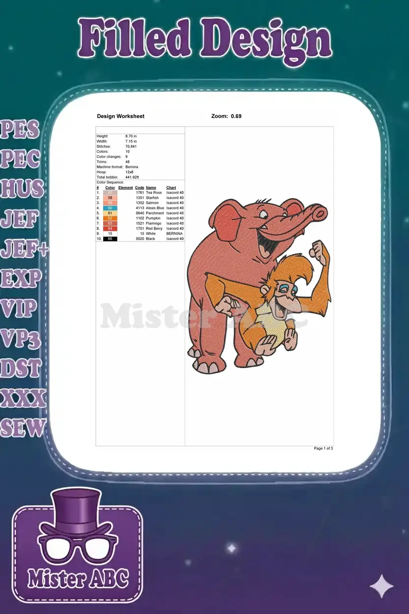 A design worksheet detailing embroidery specifications: height, width, stitch count, colors, and thread types.