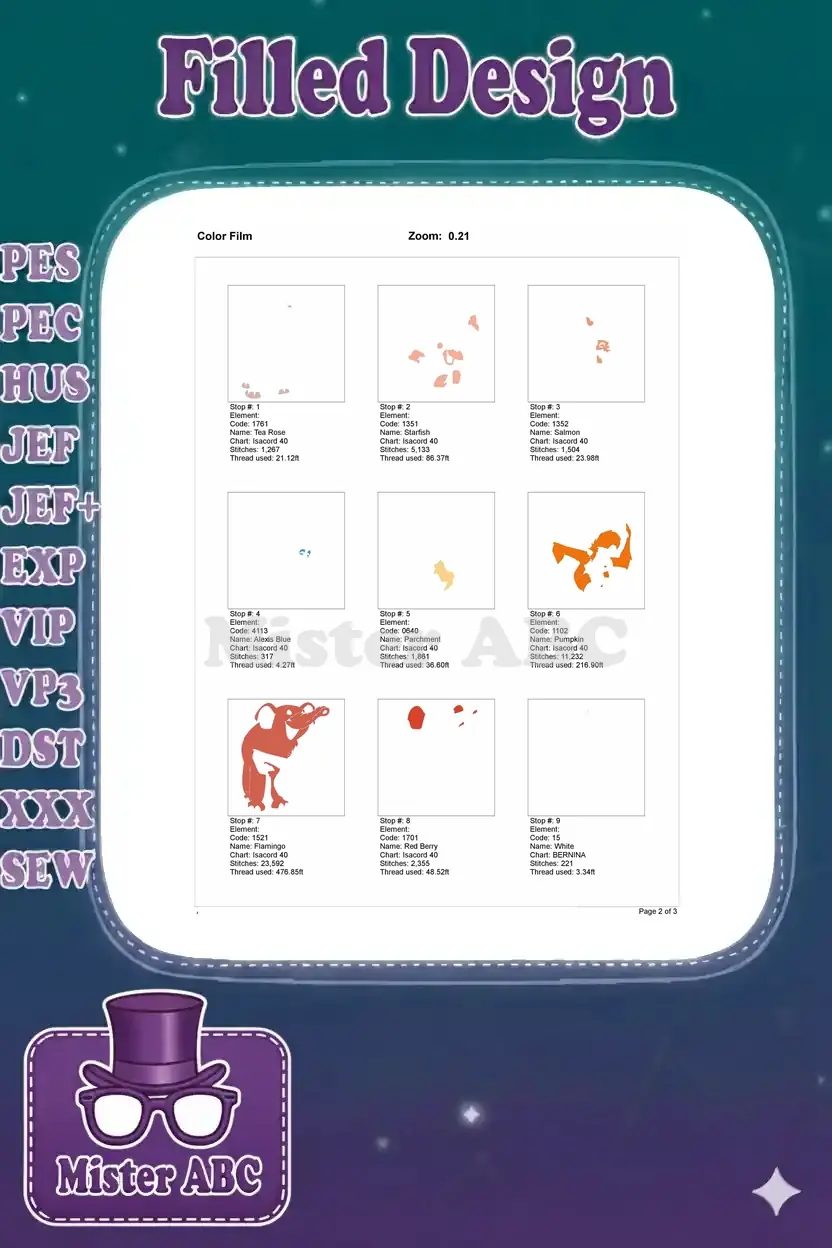 The first page of a color film document showing individual stitch elements for colors 1 through 9.
