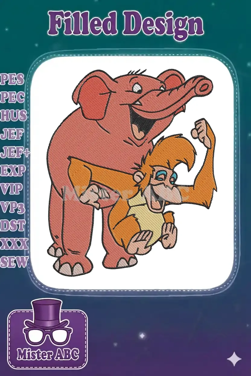 A cheerful embroidery design of a pinkish-red elephant laughing behind an orange monkey flexing its arm.