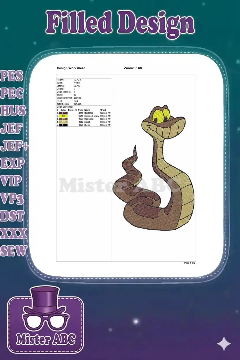 Embroidery design worksheet for Kaa, showing dimensions, stitch count, color sequence, and machine formats.