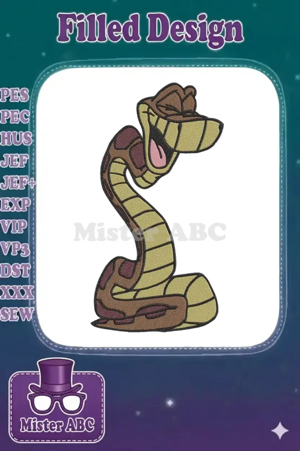 A vibrant embroidery design featuring Kaa, the cunning snake from Disney's The Jungle Book, with his characteristic sly, open-mouthed expression, ready to mesmerize.