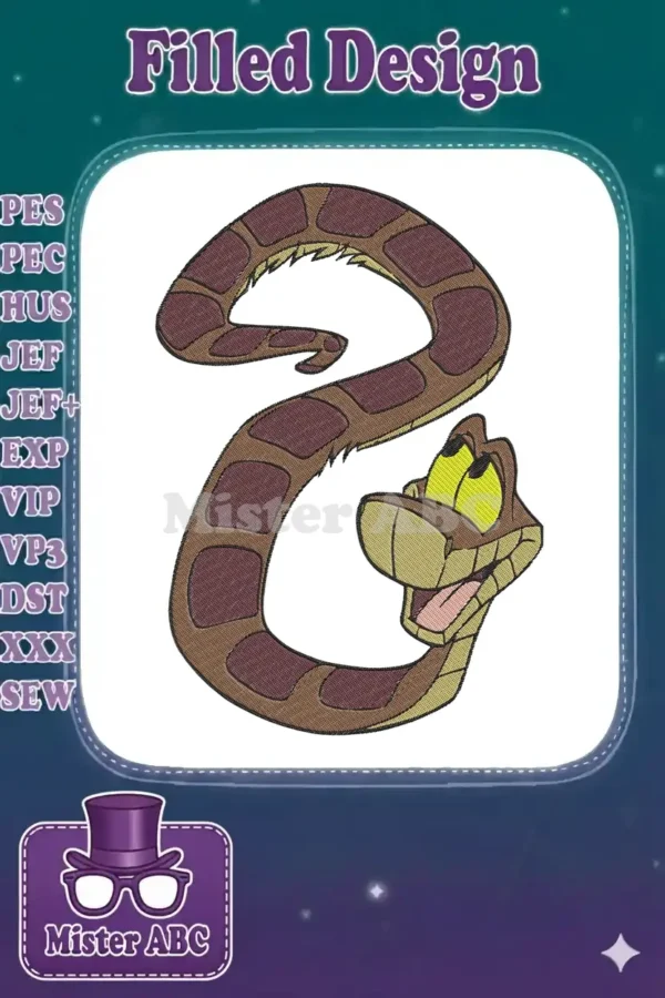 A detailed Kaa the python embroidery design from Disney's The Jungle Book, featuring rich brown and green tones.