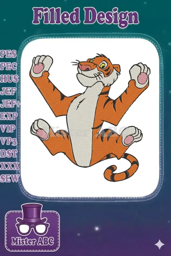 Vibrant embroidery of Shere Khan from The Jungle Book, showcasing detailed orange and white fur with black stripes.