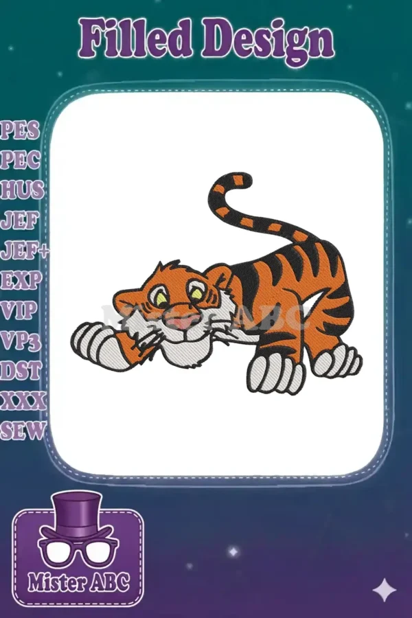 A vibrant embroidery design featuring a cute, playful tiger cub in a stretching pose, ready for any project.