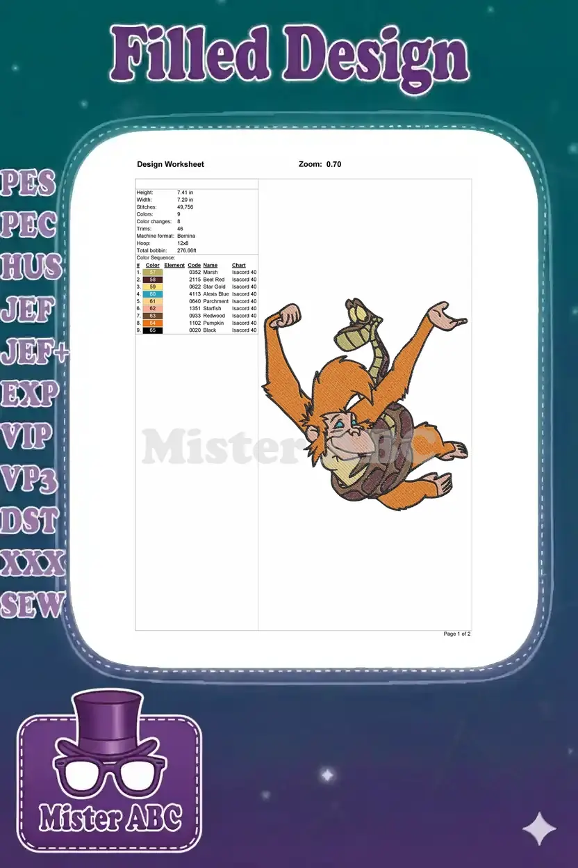 Embroidery design worksheet detailing stitch count, dimensions, color sequence, and machine compatibility.