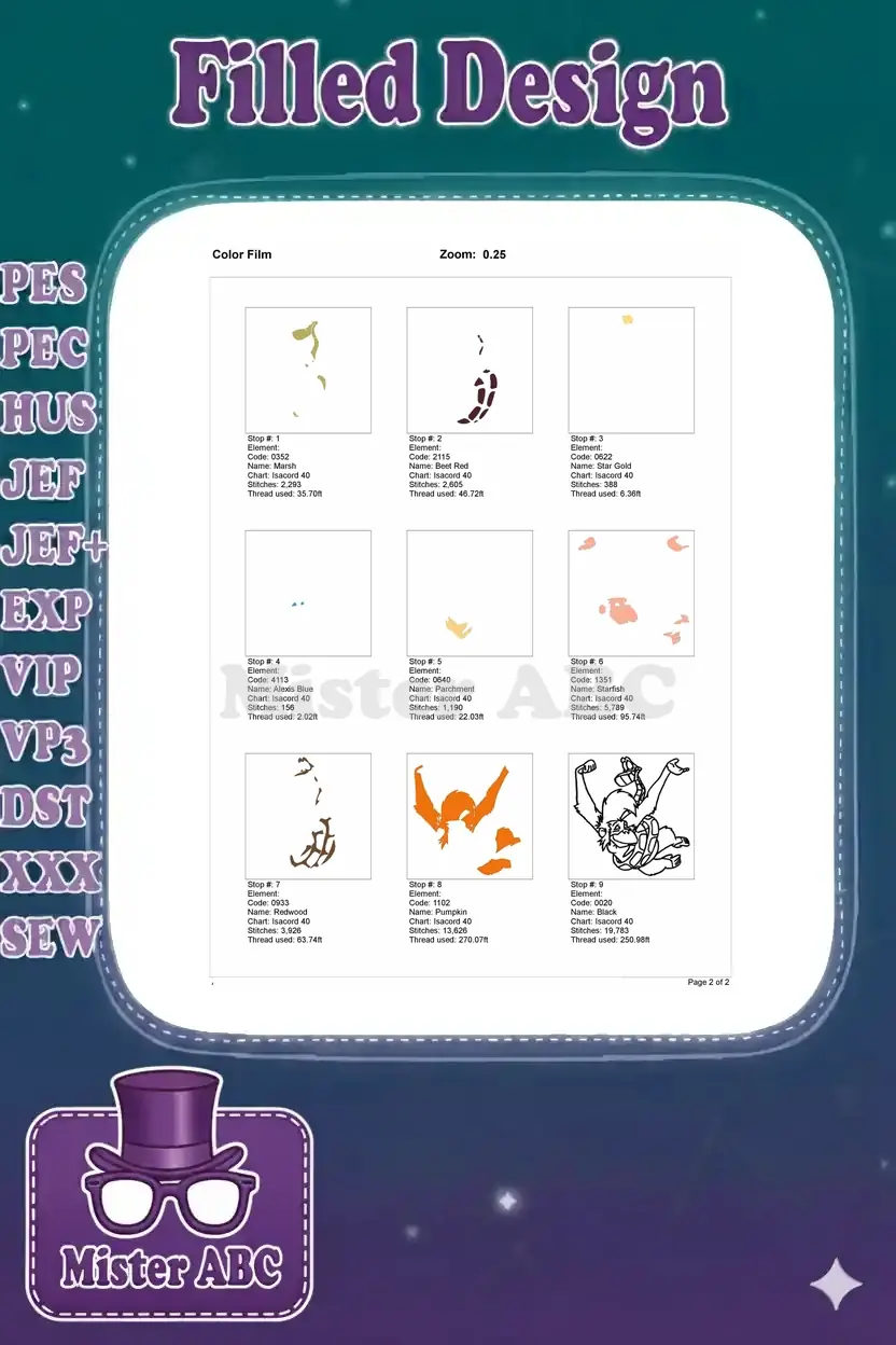 Detailed color film breakdown showing individual stitch stops, thread usage, and color elements for the design.